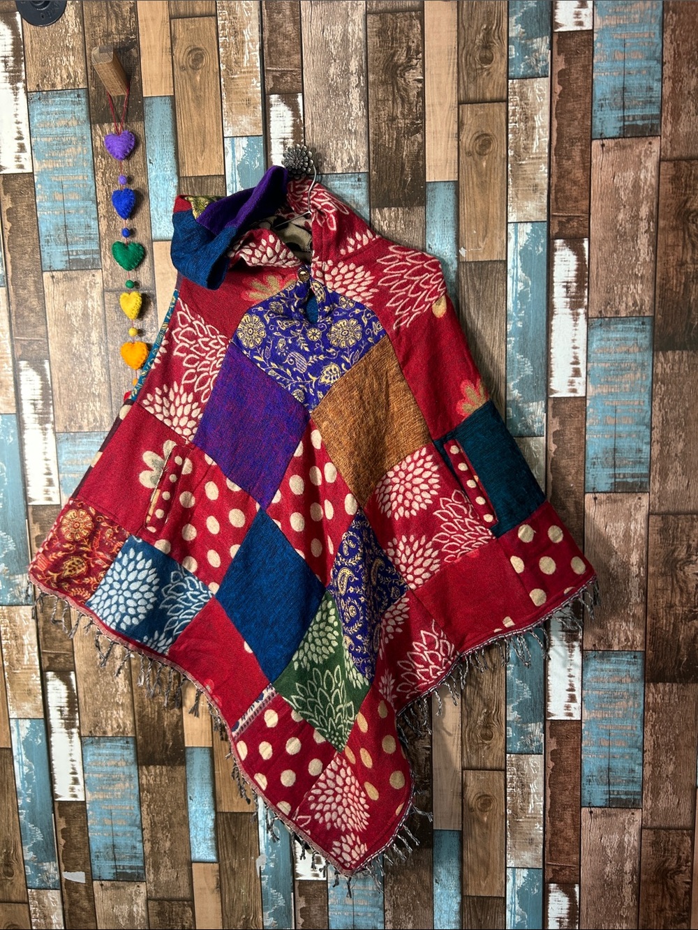 Red Patchwork Boho Tunic Poncho